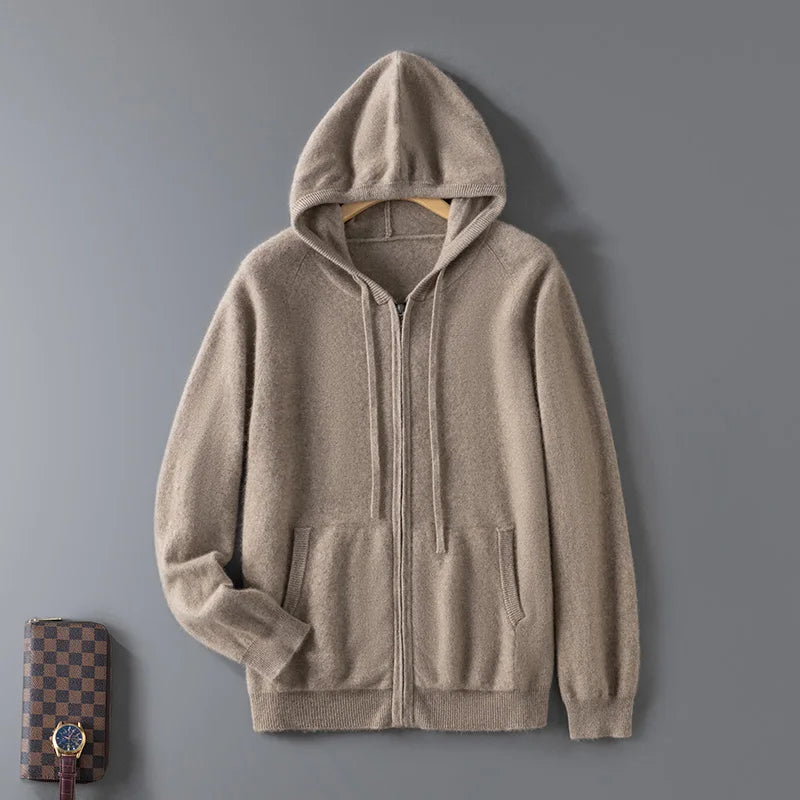 100% Wool  Men's Zip-Up Hooded Sweater, Soft Knit with Pockets, Ideal for Fall and Winter Daily Commute