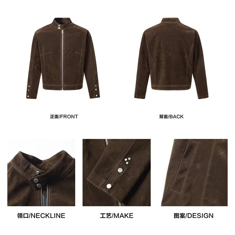 Men's Retro Suede Jacket Vintage Stand Up Collar Zip Up Biker Jacket |Y2K High Street Loose Fit Short Coat Casual Daily Wear