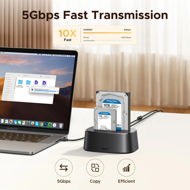 UGREEN 5Gbps HDD Docking Station Dual-Bay EU Power SATA to USB 3.0 Adapter for 2.5 3.5 SSD Disk Case Hard Drive Enclosure