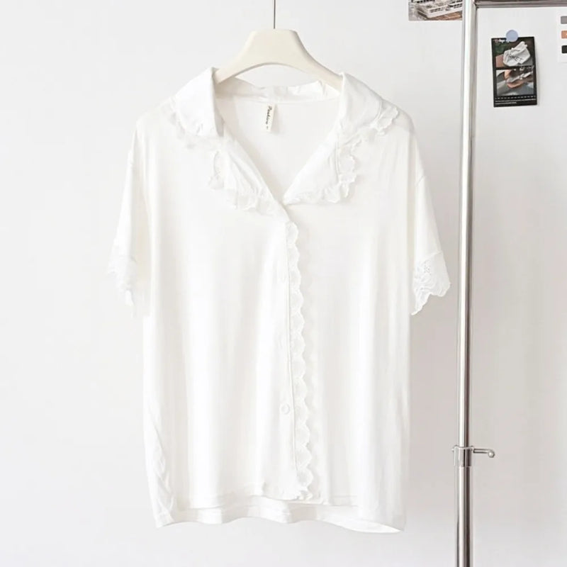 Lapel Short-Sleeved Home Suit for Nightwear Solid Color Loungewear Set Modal Summer Two Piece Pyjama Set Loose Homewear Suit