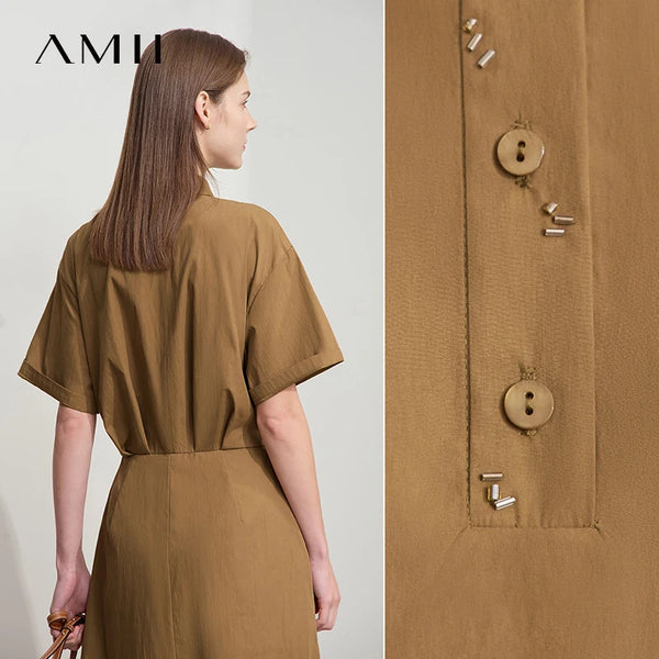 Amii Minimalist Premium Shirtdress Women 2026 Summer New Office Lady Casual Half Placket Solid Pleated Straight Dresses 12522068
