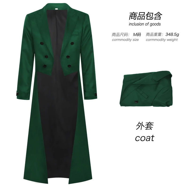 Men's Punk-style Black Tailcoat, Red Double-breasted Trench Coat, Available in Blue and Green.