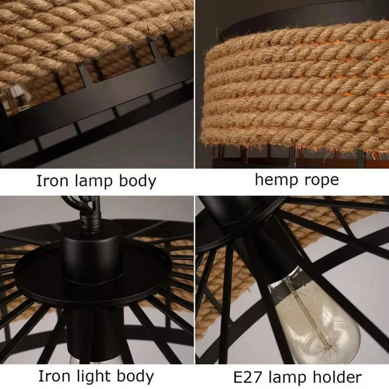 Vintage Nordic Industrial Chandelier Light Retro Iron Art Hemp Rope Hanging Lamp for Bar Cafe Restaurant Kitchen Island 30/40CM