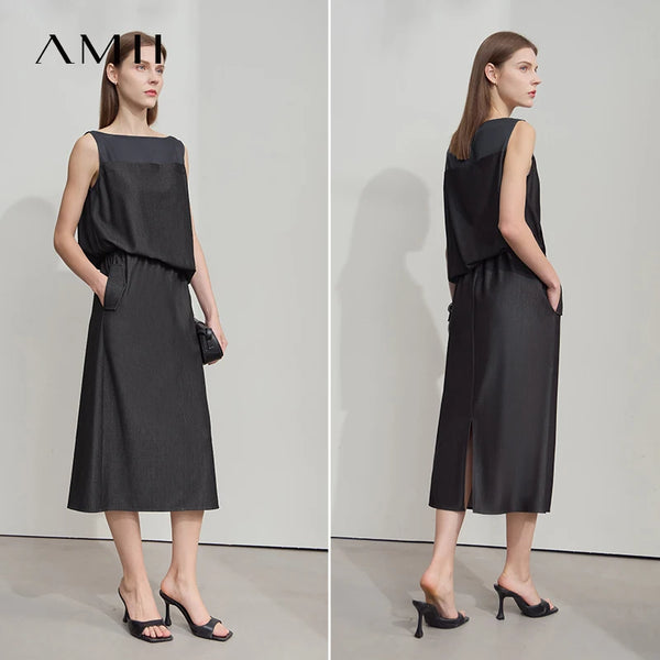 រ៉ូប AMII Comfort Vented ដៃខ្លី ពណ៌ចម្រុះ រដូវក្តៅ ឆ្នាំ២០២៥ សម្រាប់នារីការិយាល័យ ចង្កេះរាបស្មើ លំនាំប៉ាក់ រ៉ូបរលុង សម្រាប់នារី 12552024