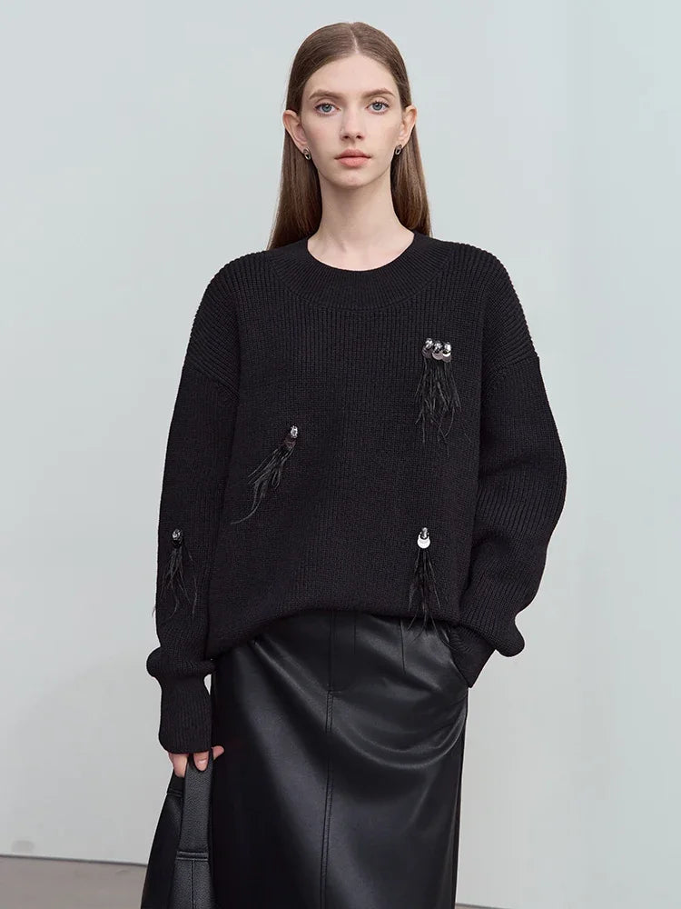 Amii Crew Neck Feather Bead Piece Nailed Diamond Sweater 2026 Winter Womens Clothing Loose Shoulder Sleeve Commuter Top 12444252