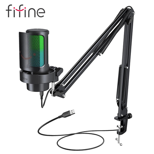 FIFINE USB Microphone Kit with Boom Arm and Pop Filter for Recording and Streaming on PC/Mac,Quick Mute＆Headphone Jack-A8T