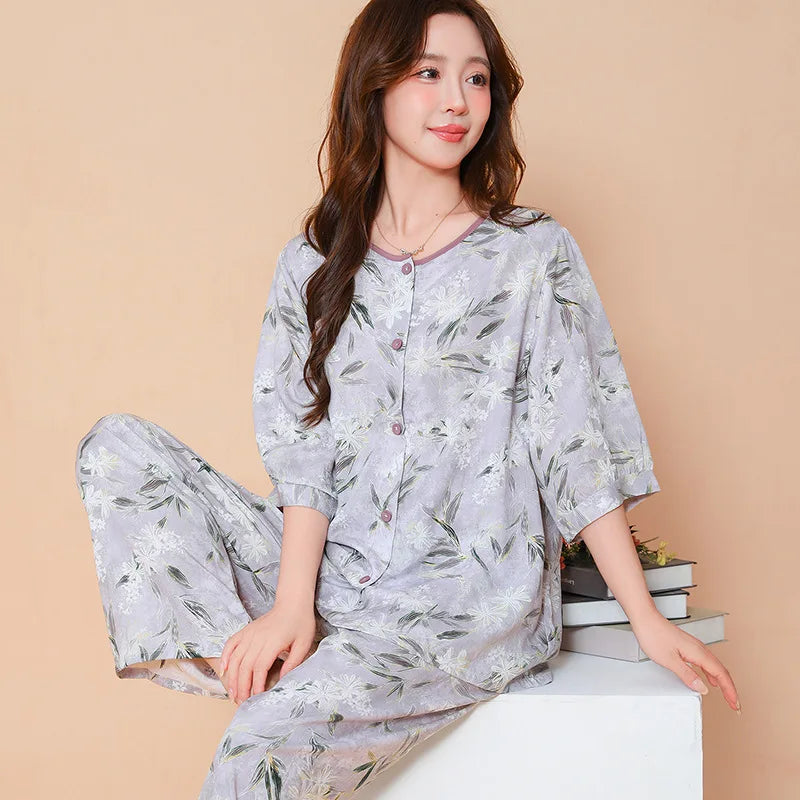 Summer Sleepwear Women's Home Clothes Pyjama Set Lounge Wear New 2 Piece Pjs Pajamas for Women Thin Button Top Loungewear Suit