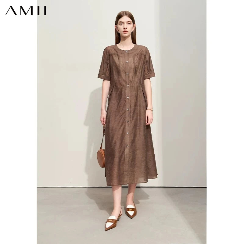 រ៉ូបថ្មី Amii Minimalism រដូវក្តៅឆ្នាំ ២០២៦ សម្រាប់ស្ត្រី រ៉ូបស្តើងឆើតឆាយ Jacquard ជាមួយខ្សែក្រវ៉ាត់វែងត្រង់ 12422175