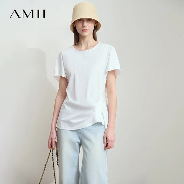 AMII Summer T-shirts For Women 2026  New Solid Cotton Casual Short Sleeve O-Neck Ladies Tops Fashion Asymmetric T-shirt 12552082