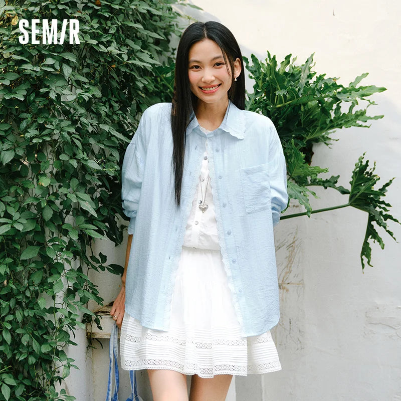 Semir Relaxed Shirt Women 2026 Spring Mid Length Linen Like Texture Oversize Lace Casual Comfortable Daily Wear Blouse