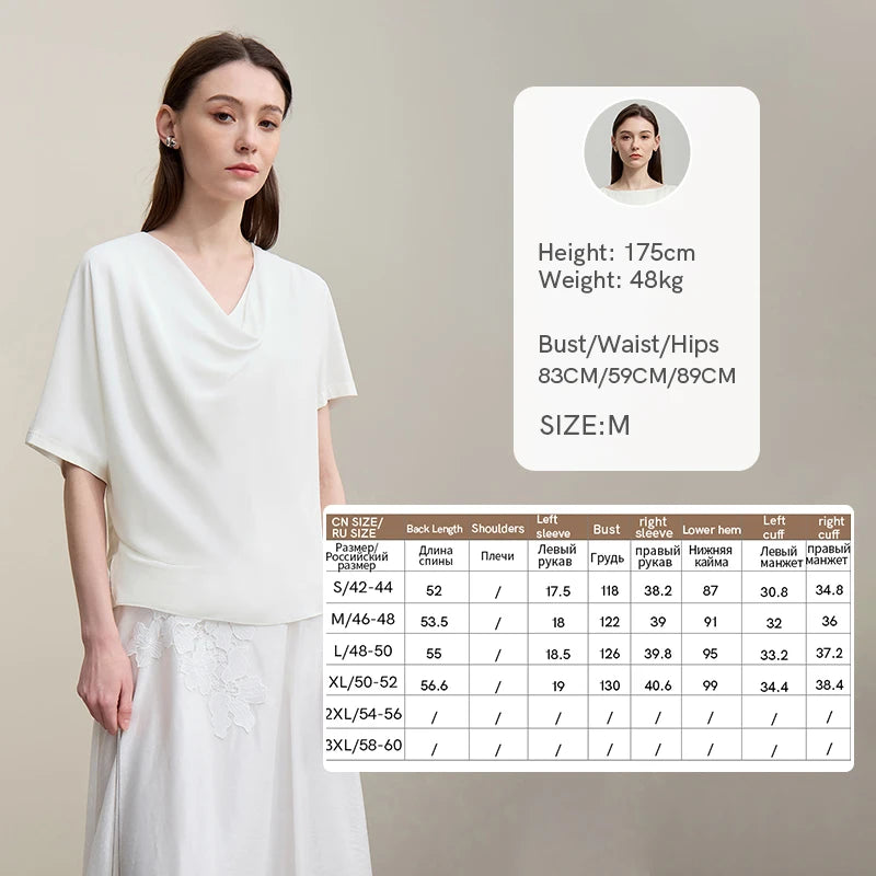 Amii Cowl Neck Women's T-Shirt 2026 Summer New Chiffon Patch Stretch Tee Loose Asymmetric Short Sleeve Top For Women 12622057