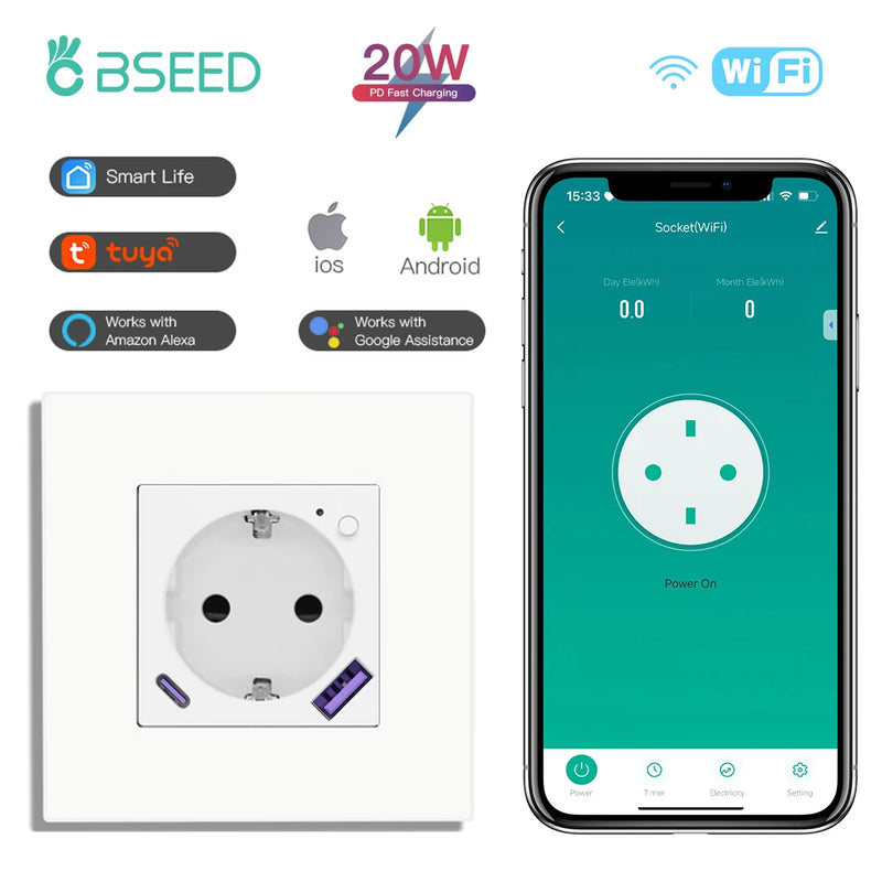 BSEED WIFI Smart Socket With 20W Fast Charge Port Plastic Frame Smart Wall Socket USB Type-C Port Tuya Smart Life Control