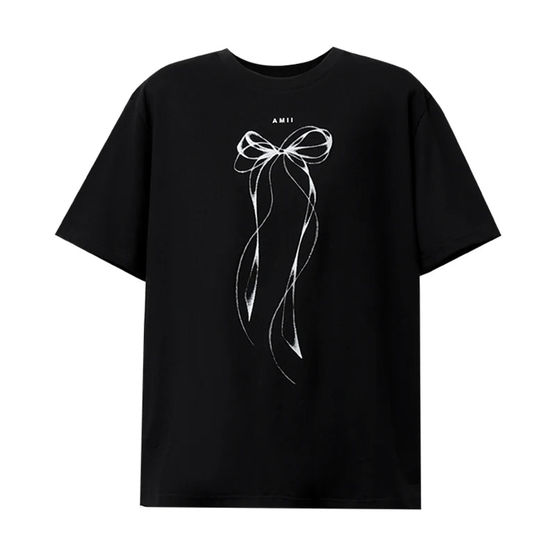 Amii Women's T-Shirt 2026 Summer New Round Neck Bow Print Drop Shoulder Top Women Cotton Casual Loose Short Sleeve Tee 12622041