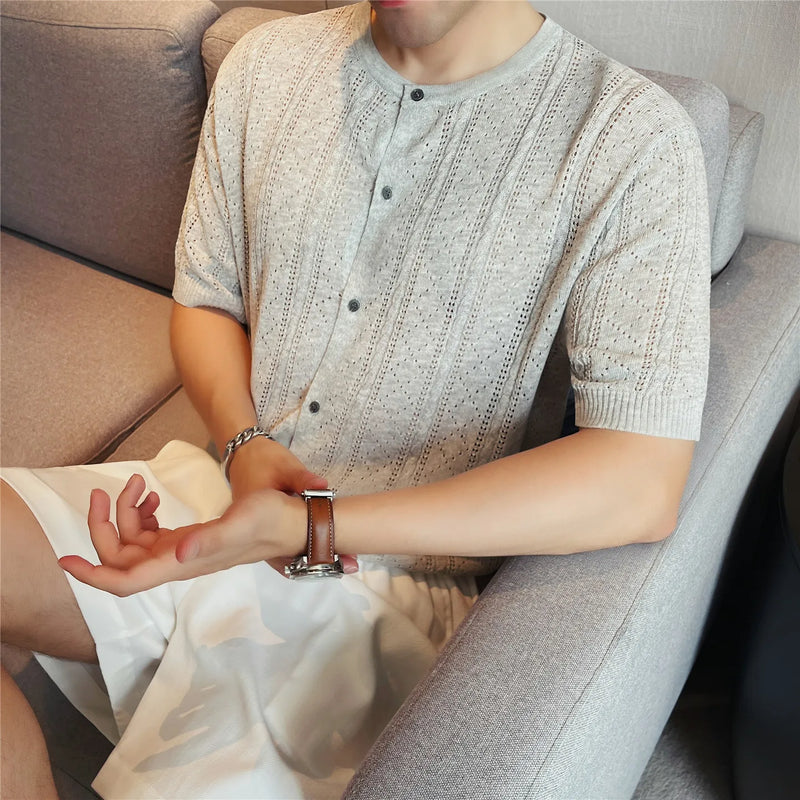Men's Linen Blend Short Sleeve Knit Cardigan – Breathable Hollow-Out Stand Collar Top with Relaxed Fit for Casual & Outdoor Wear