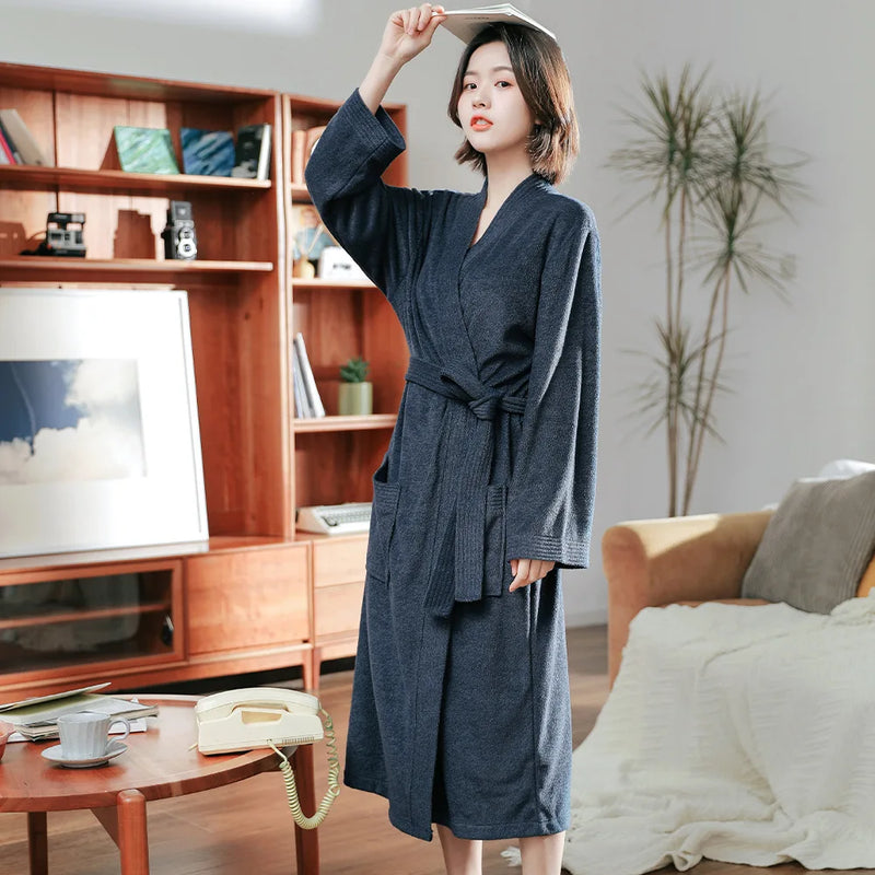 New Arrival Long Sleeve Men Women Bathrobe 2026 Spring Autumn V-Neck Couple Robes Lounge Wear Sleepwear Pure Color Loungewear
