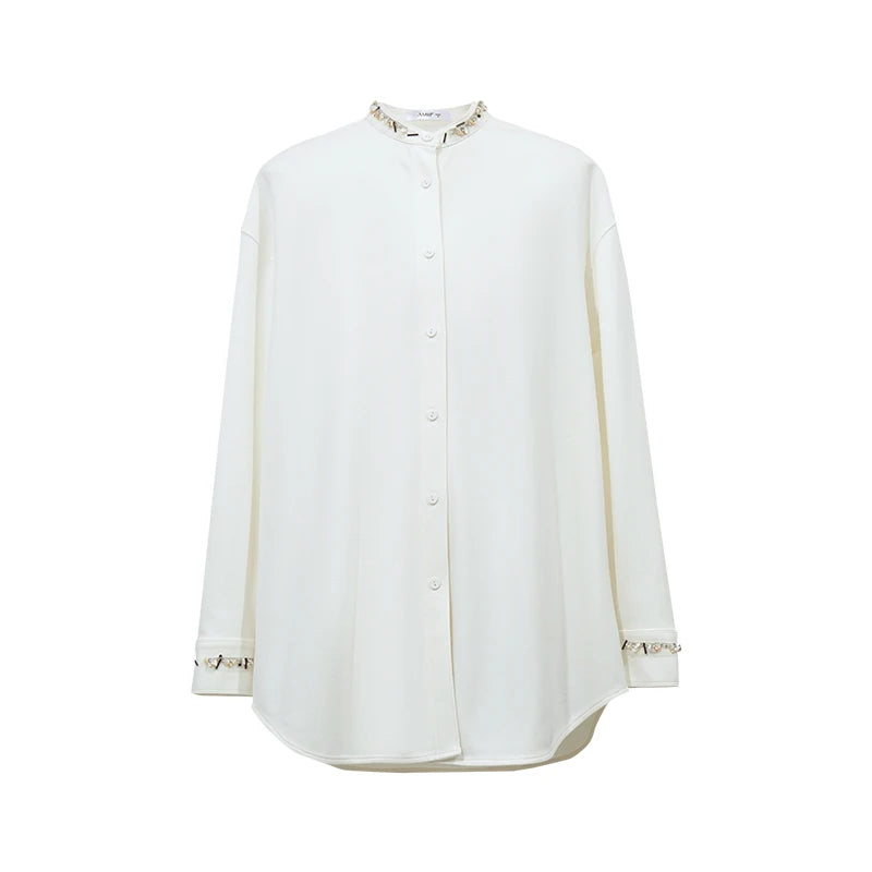 Amii Women Shirts 2026 Autumn New Loose-Fit Stand Collar Shirt Knitted Drop-Shoulder Long Sleeve Tops Casual Blouse 12623022