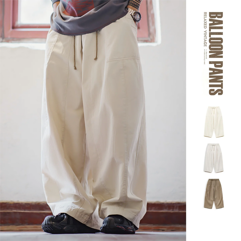 Maden Men‘s Vintage Harem Pants 100% Cotton Khaki Casual Drawstring Trousers Loose Fit Elastic Waist Pants for Spring/Autumn