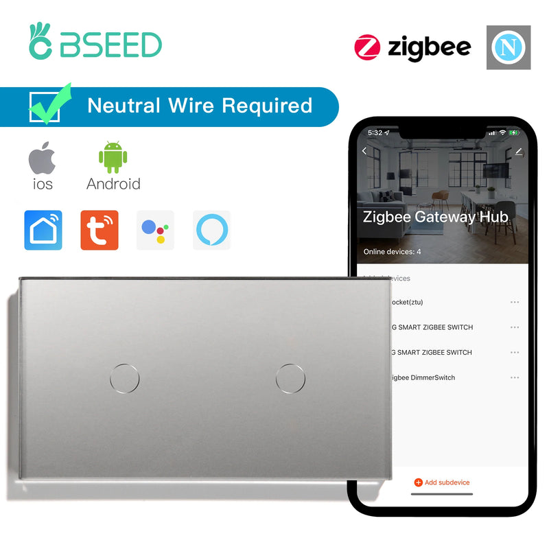 BSEED Zigbee Smart Switch Double 1/2/3Gang 1/2/3Way Wireless Light Switch Support Tuya Google Home App Alexa Voice Control