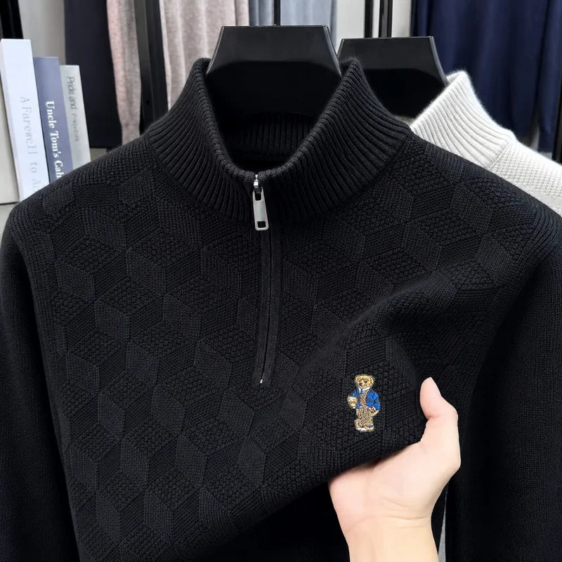 Best Seller Man Long-Sleeved Knitwear Mock Neck Zipper Bear Pattern Embroidery Autumn Winter New Pullover Leisure Snug Men'sWear