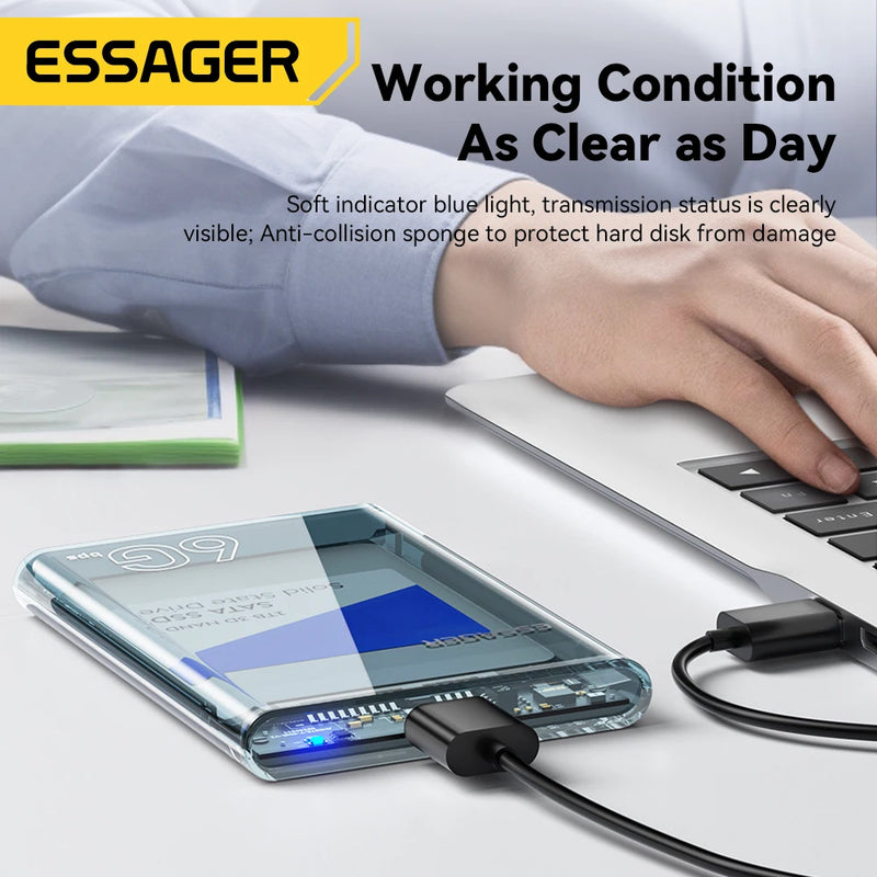 ប្រអប់ Essager ទំហំ 2.5 អ៊ីញ SATA Box USB 3.0 HDD Enclosure Mobile Hard Drive Cases សម្រាប់ SSD ទំហំ 2.5 អ៊ីញ SATA Storage Enclosure Hard Disk Case