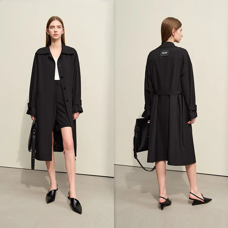 AMII Woman Minimalist Trench Coat 2026 Autumn New Belt Off-The-Shoulder Sleeves Long Solid Versatile Commuter Jacket 12441088