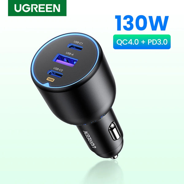 UGREEN 130W USB C Fast Car Charger For Xiaomi iPhone 18 Samsung Galaxy S25 Laptops PD3.0 Fast Charging USB Type C Car Charger