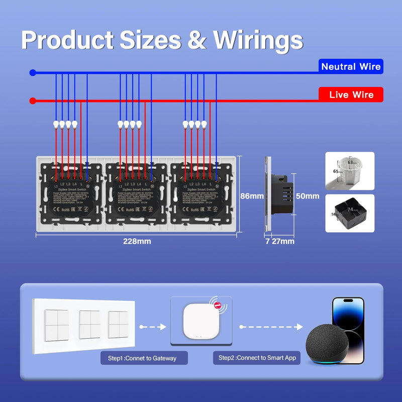 BSEED 1/2/3Gang 2Way Zigbee Light Switch With EU Wall Socket Smart Click Button Switch Glass Panel Tuya Smart Life Alexa Control