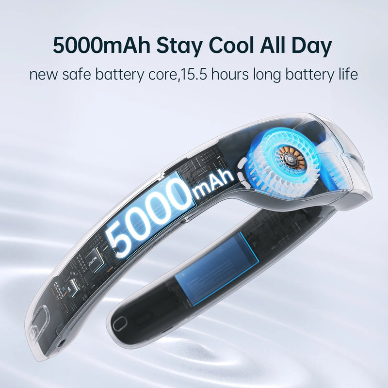 JISULIFE Portable Neck Fan，100 Speed Wind，5000mah Battery，17 Hour Work Time，Mini Electric Neck Fan Usb Rechargeable Neckband Fan