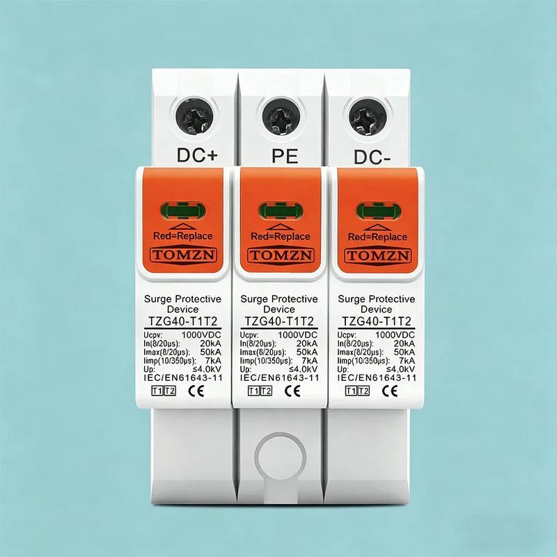 TOMZN T1T2 DC Surge Protector 1000V/1200V DC 820μs 20–50kA 10350μs 7kA Low-voltage Surge Arrester Device for PV Household Use