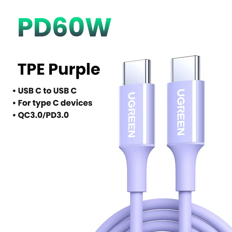 UGREEN PD60W USB-C to USB-C Cable Fast Charging for iPhone 17 Samsung S26 Xiaomi MacBook Air iPad Pro 3A Quick Charge 4.0 3.0