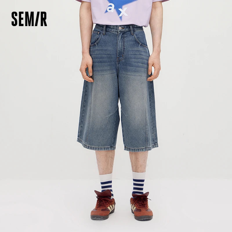 Semir Denim Shorts Men 2026 Summer Wide Leg Washed Vintage Faded Urban Street Style Cropped Knee Length