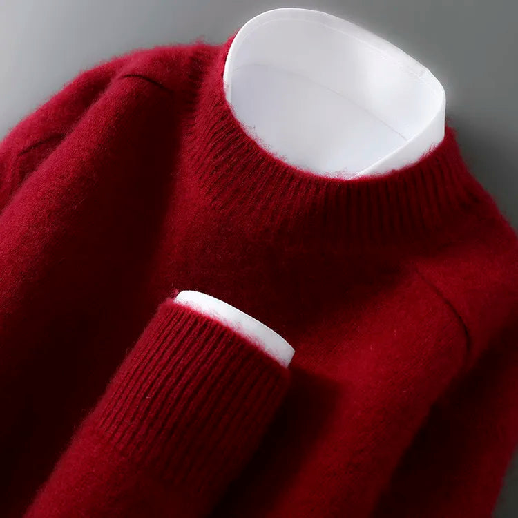 100% Australian Wool Men's New Half Turtleneck Sweater, Flat Seven-Needle Thickened Saddle Shoulder Half High Pullover
