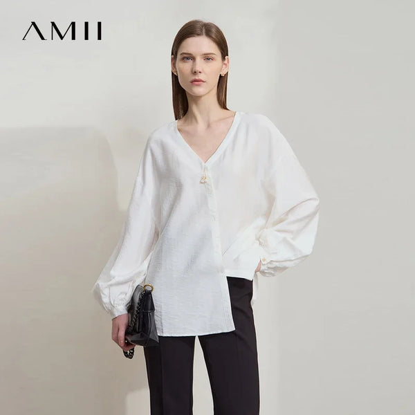 Amii Women's Autumn Minimalist V-Neck Down Sleeve Shirt 2026 New Lyocell Solid Color Loose Casual Top Blouse Women 12551048