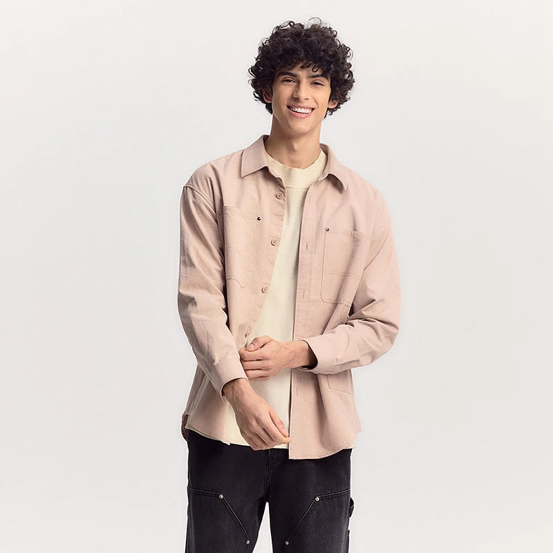 Semir Cargo Shirt Men Long Sleeve Cotton Twill Loose Lapel Fleece Casual Commute Daily Wear Spring Fashion Comfort Top