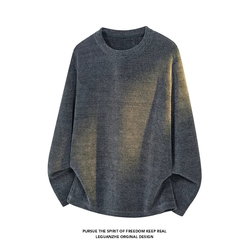 Male Street Fashion Long Sleeve Knit Shirt Crew Neck Vintage Washed Dye Gradient Texture For Outdoor Hangout Wear