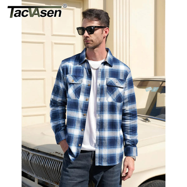 TACVASEN Casual Plaid Shirts Mens Button Up Long Sleeve Flannel Shirts Chest Pocket Shirt Jacket Lightweight Coat Male Outwear
