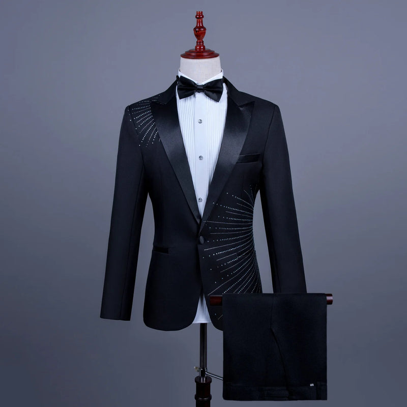 Men's Black Tuxedo Set with Diamond Embellished Jacket and Matching Trousers in White for Choirs/Stage Performances/Weddings