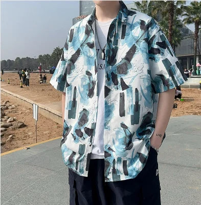 2026 Summer Men's White Short Sleeve Printed Shirt, Beach Vacation Shirts, White Black Gray Green Blue Loose Top, 2025 New