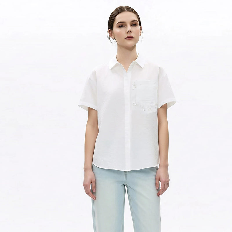 Amii Women's White Shirt 2026 Summer New Beaded Lapel Organza Patch Short Sleeve Blouse Loose Women's Casual Shirts 12642010