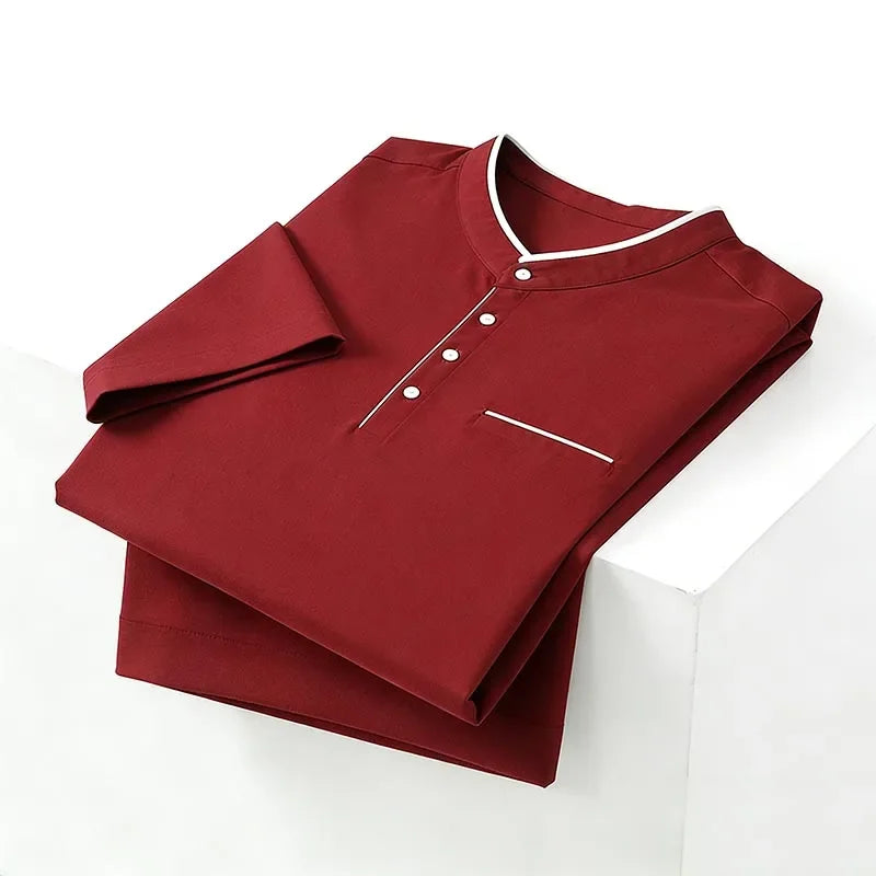 2026 New Men's Navy Blue Stand Collar Long Sleeve Polo Shirt Office Business Commute Top