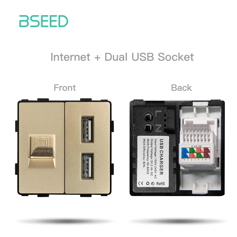 BSEED DIY Modules EU Glass Panel Double USB Socket Internet CAT5 RJ45 ST TV Power Socket Wall-Mounted Free Combination