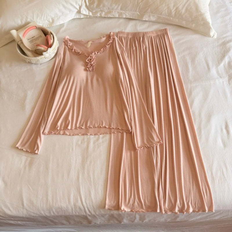 Modal Loungewear Sets Woman Pajama Two-piece Chest Pad Home Wear Autumn Ladies Pyjamas Long Sleeve Sleepwear Female Sleeping