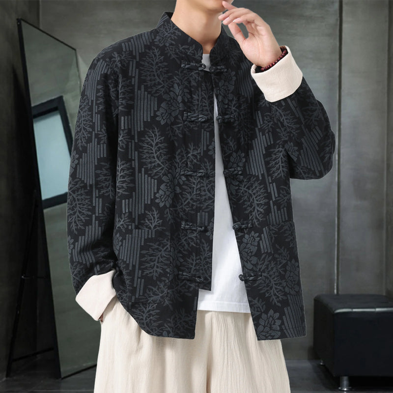 Retro-style Men's Black Long-sleeve Jacket with Chinese Dragon Motif, Single-breasted Stand-up Collar Coat.pink,Red,Apricot Top.