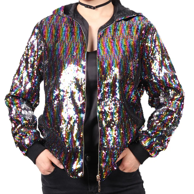 Sparkling Red Hooded Jacket with Sequin Decoration for Women, Fashionable Gold Outerwear with Silver Blue Purple Green Options