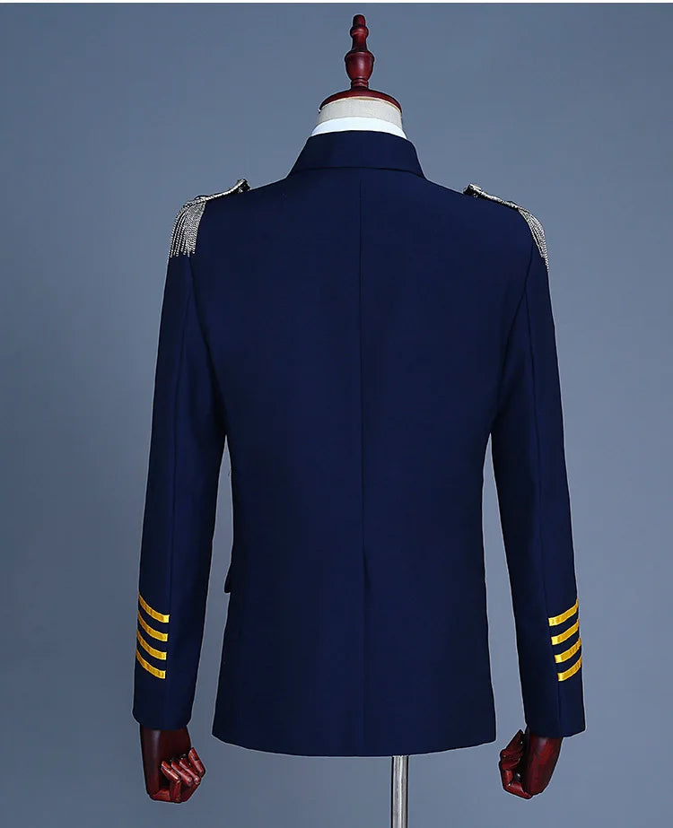 2026 Men's Slim Fit Captain Uniform Two-Piece,Navy Double-Breasted Jacket with Gold Buttons&Epaulettes for Pilot,Stage, Wedding