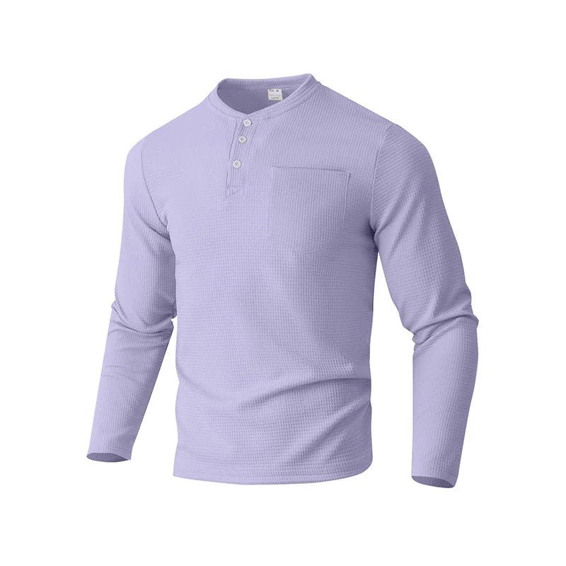 Quality Men's Long - Sleeve Henley Shirt with Button - Down Collar: Casual Spring/Autumn Polo Top Grid O-neck T-shirt
