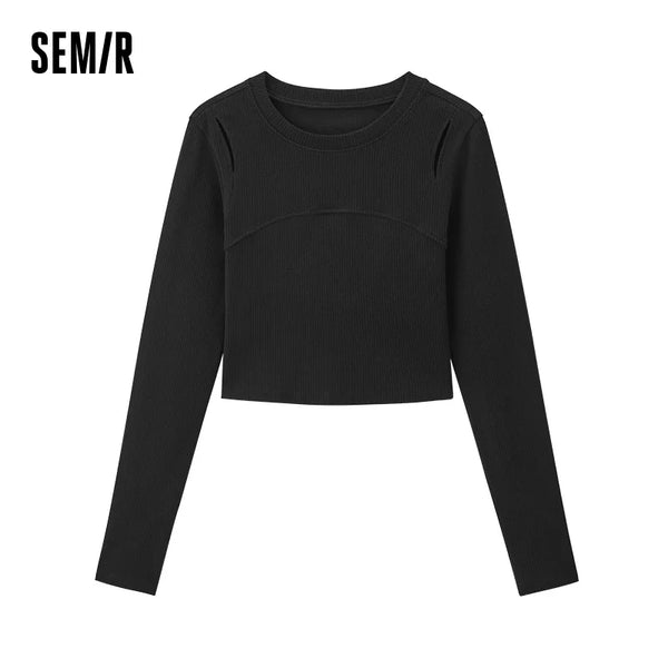 Semir Bottoming Shirt Women Sweet and Cool Hollowed-out Slimming Inner Layer Short Style Spring Solid Color Top Wearable Outside