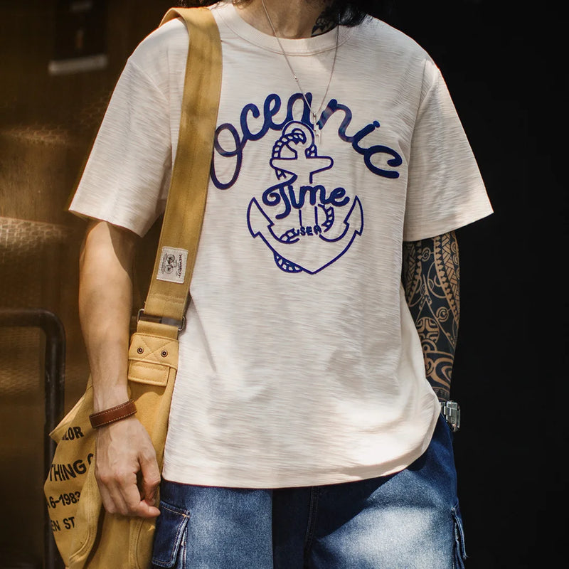 Maden Vintage Embroidered Short Sleeves T-Shirt Men's Summer Beige Slub Cotton Crew Neck Tee Heavyweight Loose Breathable Tops