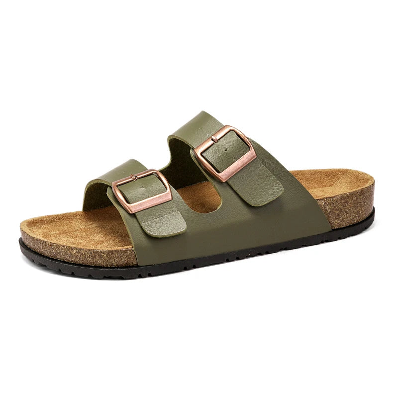 Men's Adjustable Double Buckle Cork Footbed Slide Sandals Casual Leather Open Toe Flat Slip on Summer Walking Beach Slide Shoes