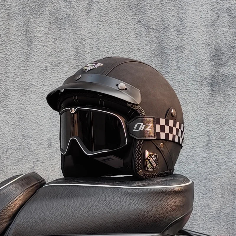 Motorcycle retro helmet PU leather 3/4 scooter half helmet couple helmet DOT approved M-XXL